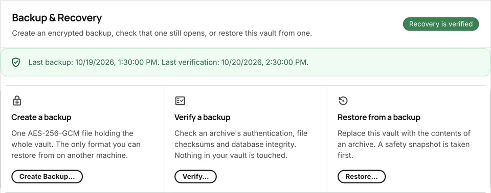 Backup and Recovery controls for creating, verifying, and restoring encrypted archives.