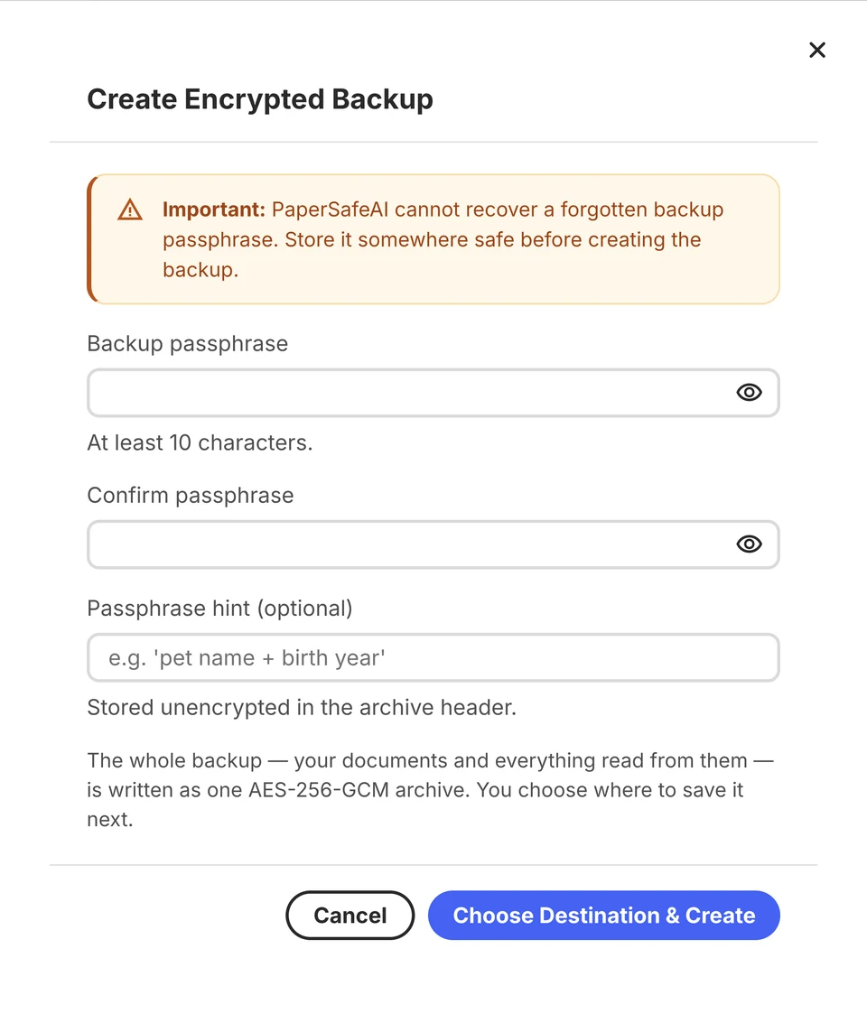 Create Encrypted Backup dialog with backup passphrase, confirmation, and destination controls.