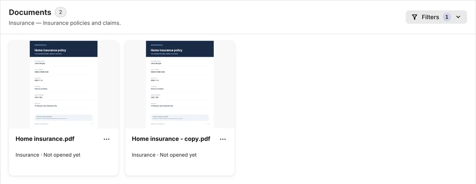 Insurance collection showing the sample policy documents with their PDF previews.