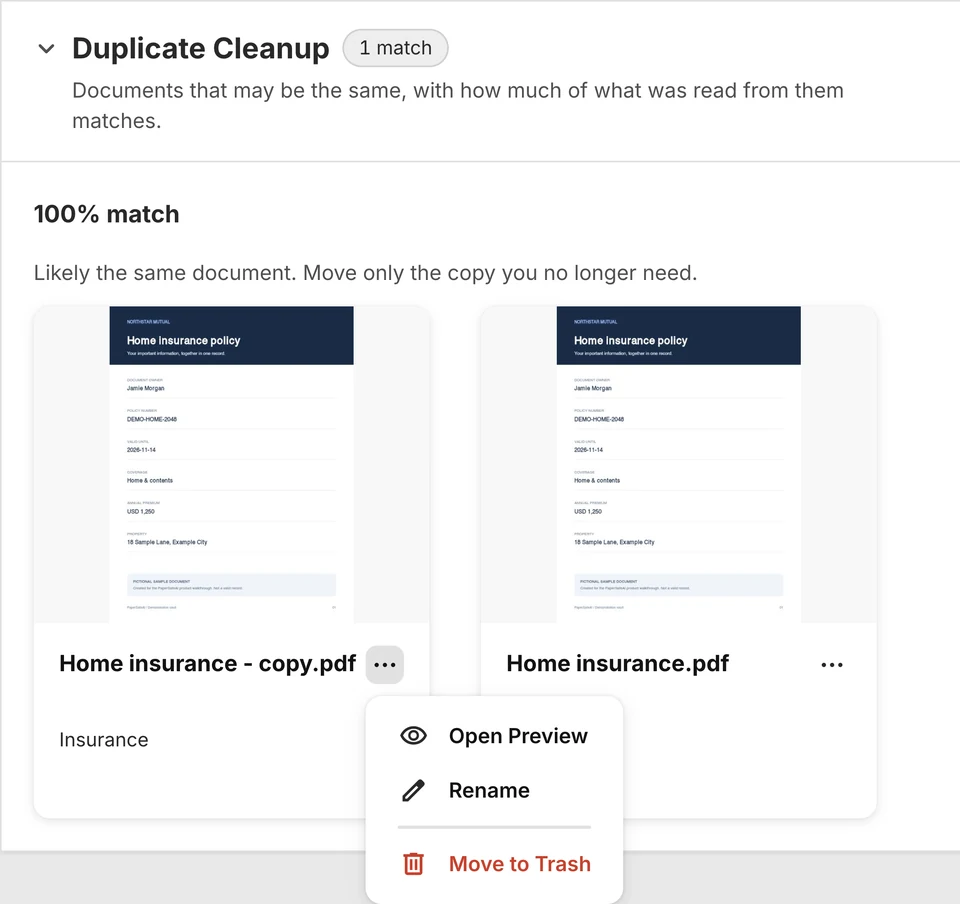 The document menu in Duplicate Cleanup with preview, rename, and Trash actions.