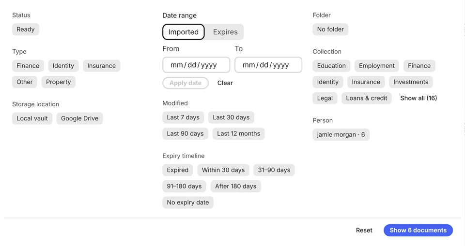 Desktop document filters with type, date, collection, and person controls.
