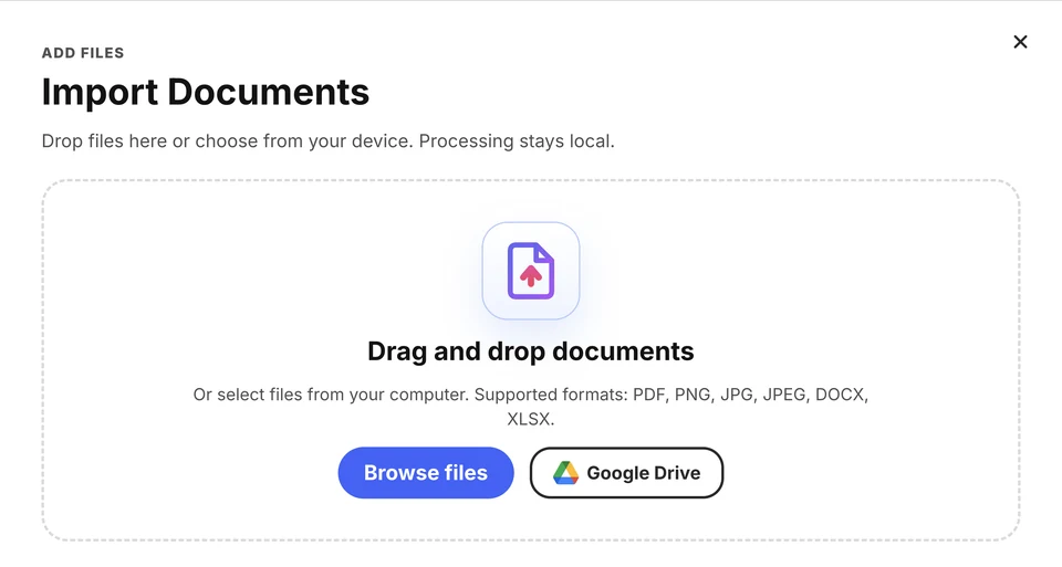 PaperSafeAI Import Documents dialog with the local file import controls.