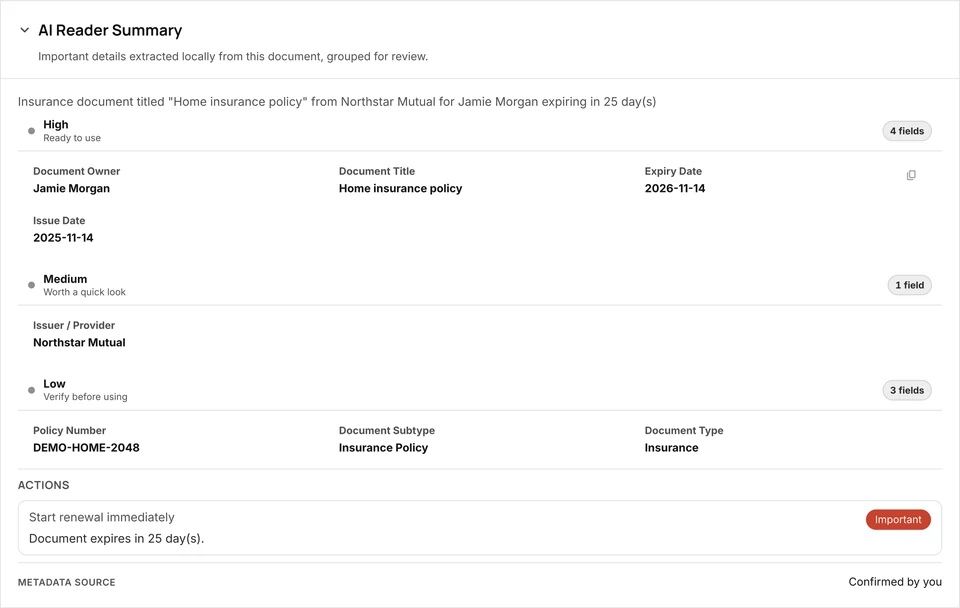 AI Reader Summary for Jamie Morgan’s fictional Northstar Mutual home insurance policy.