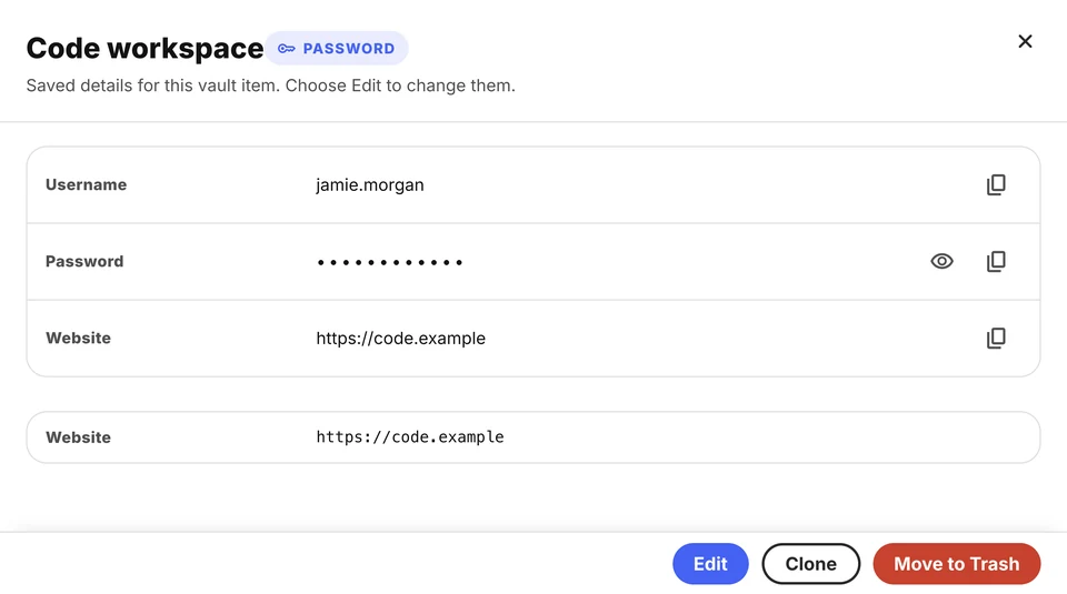 Fictional Code workspace login with Jamie Morgan’s username, a masked password, and individual copy controls.